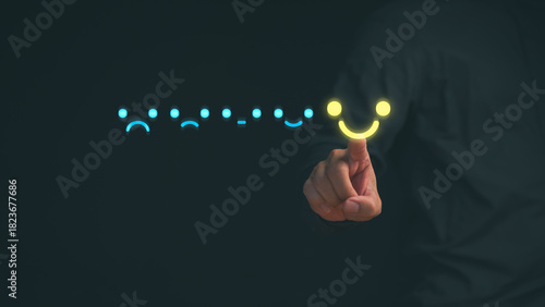Customer selecting a happy face on a digital satisfaction icons, symbolizing customer experience, positive feedback, rating improvement, emotional evaluation, and service quality enhancement.