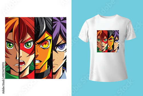 vibrant anime style artwork featuring split face with contrasting red and blue hair, symbolizing duality and complementary colors.