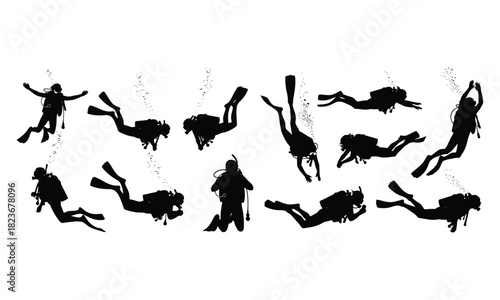 Scuba diver silhouettes vector illustration set underwater sport