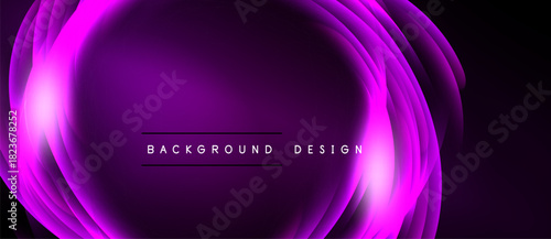 Abstract purple waves create dynamic background. Bright neon glow emphasizes swirling forms, modern design element.