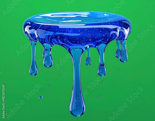 Glossy blue, drippy liquid against a bright green backdrop