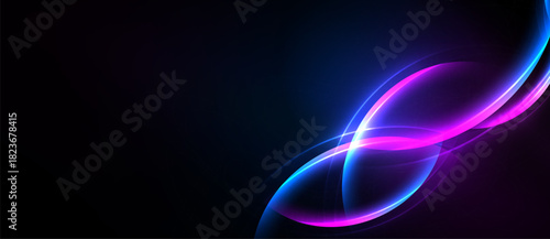 Abstract flowing lines, vibrant blue, pink hues. Dark background creates dramatic visual effect. Modern design element.