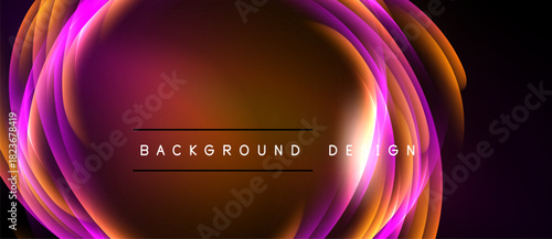 Abstract vibrant layers create glowing circular design. Orange, pink, yellow hues dominate dark background. Text reads background design.