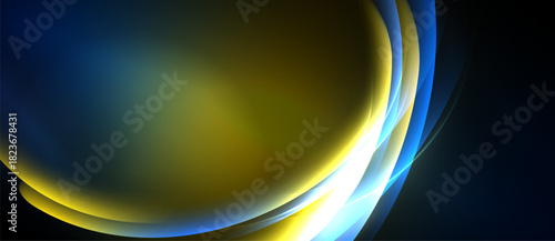 Abstract flowing shapes, vibrant blues, yellows, whites create dynamic visual effect. Smooth gradients suggest movement, energy.