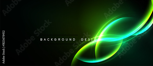 Abstract green neon lines flow across dark background. Design features smooth curves, creating dynamic visual effect.