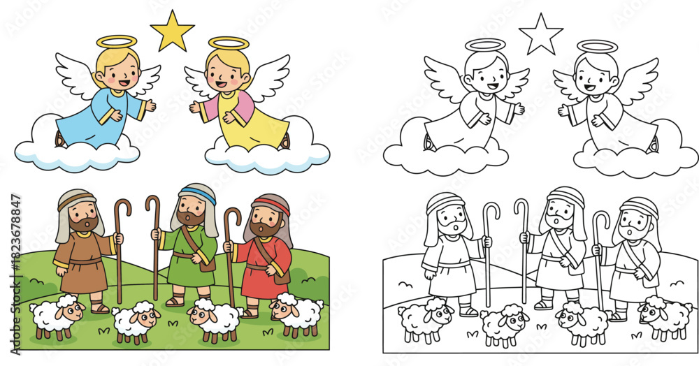 Obraz premium Cute angels appearing to shepherds with sheep vector illustration and black and white coloring page outline isolated on white background.