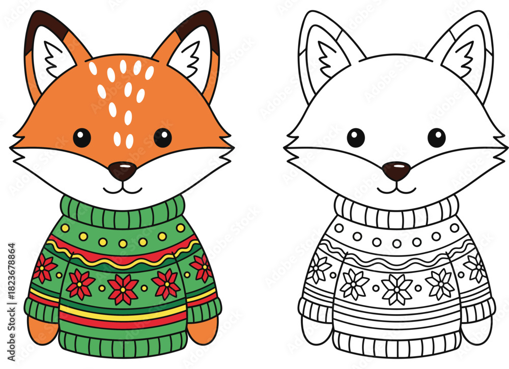 Obraz premium Cute fox wearing green Christmas sweater vector illustration with black and white coloring page outline isolated on white background.
