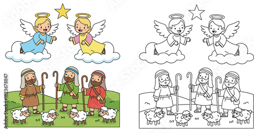 Cute angels appearing to shepherds with sheep vector illustration and black and white coloring page outline isolated on white background.