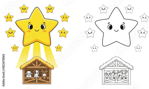 Christmas star shining on stable with cute farm animals vector illustration and black and white coloring page outline isolated on white background.