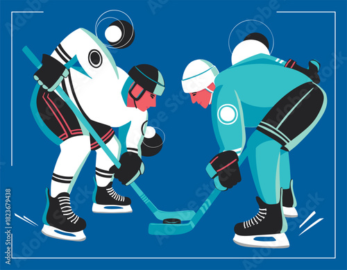 Two hockey players from different teams ready for the game. Vector illustration.