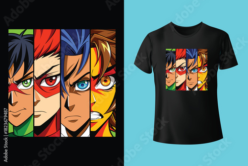 vibrant anime style artwork featuring split face with contrasting red and blue hair, symbolizing duality and complementary colors.