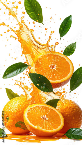 Splashing orange juice with slices & leaves