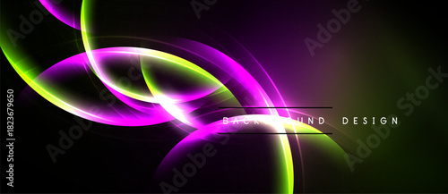Abstract glowing lines form dynamic shapes against dark background. Vivid purple, green hues create futuristic feel. Modern design element.