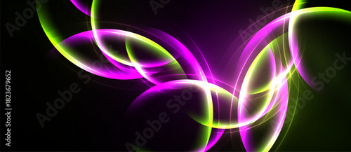 Abstract swirls, vibrant purple, green hues dominate black background. Dynamic energy radiates from flowing lines, creating modern visual impact.
