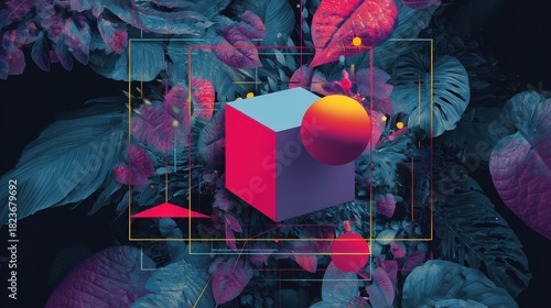 Modern Digital Abstract Design with Geometric Shapes and Neon Leaf Elements