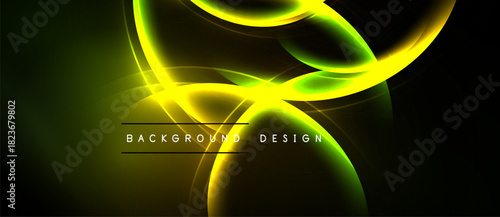 Abstract design features vibrant yellow curves against dark background. Glowing lines create dynamic, modern visual effect.