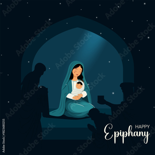 Creative minimalistic vector illustration on Happy Epiphany Day. Christian festival to Faith on the Divinity of Jesus.