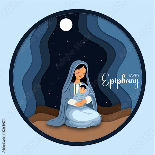 Creative paper cut vector illustration on Happy Epiphany Day. Christian festival to Faith on the Divinity of Jesus.
