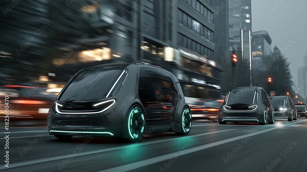 Fototapeta premium Future self-driving electric vehicles with components navigate a congested traffic junction.