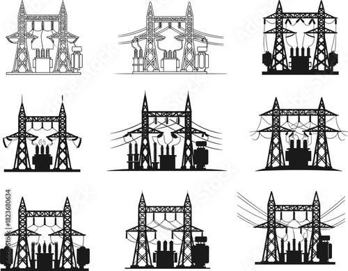 Electrical substation silhouette set, power transmission structures, high-voltage grid components, flat vector, energy infrastructure illustration