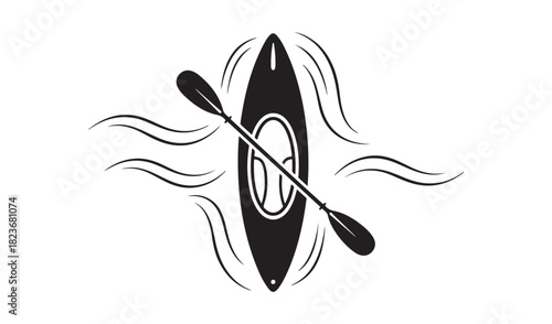 Black and white illustration of a kayak with paddle on water
