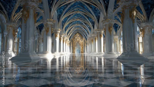 Grand Royal Palace Hallway With Ornate Arches Blue Gold and White Marble Flooring Reflecting Light