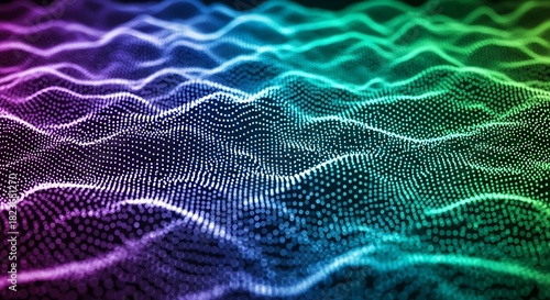 Abstract visualization of a vibrant, undulating digital sound wave composed of countless small particles, rendered in a spectrum of neon colors.