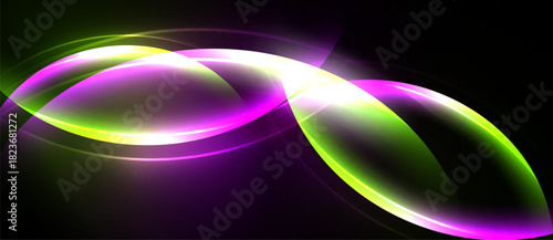 Abstract design features vibrant curves, luminous colors. Purple, green, white blend creating dynamic visual effect. Smooth shapes suggest movement.