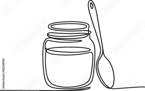 Continuous line art illustration of coffee jar with spoon leaning beside it using handmade contour