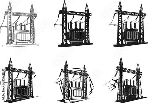 Electrical substation transformer damage stages, power grid failure progression, utility structure breakdown, engineering analysis, flat vector