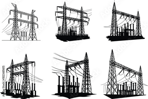 Electrical substation silhouette set, high-voltage transmission structures, power grid components, flat vector, energy infrastructure illustration