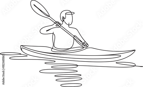 Continuous line art illustration of kayaker paddling on smooth lake water with handmade contour