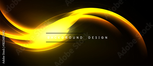Abstract yellow waves over black background. Elegant design with smooth curves, dynamic flow, modern aesthetic. Simple text overlay present.