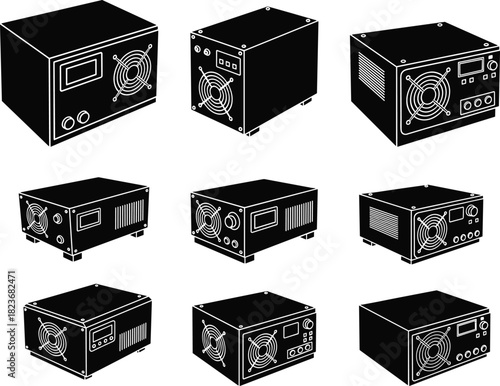 Flat vector, computer power supply units, PSU icons, cooling fans, ports, switches, digital display, hardware