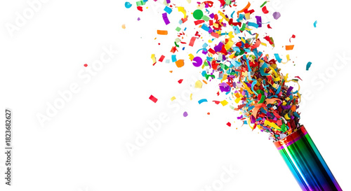 Colorful Confetti Explosion from a Rainbow Metallic Party Popper on Black Background celebration isolated on a transparent background