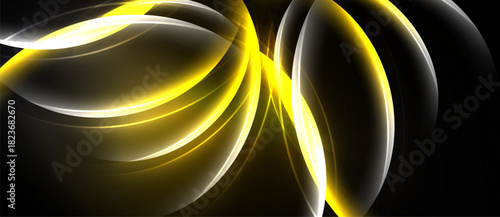 Abstract design features glowing yellow curves, white lines against black background. Dynamic composition creates modern visual impact.