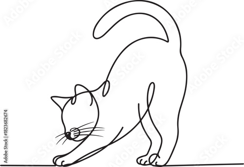 Continuous line art illustration of kitten arching back in stretch with handmade contour