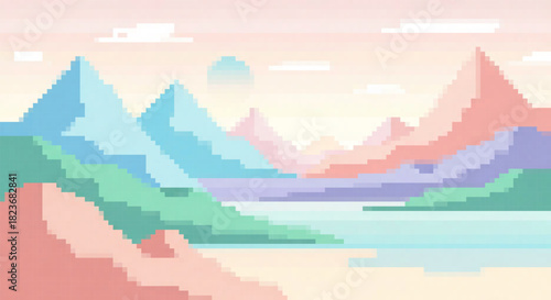 Pixel art landscape with pastel pink hills, green riverbanks, and distant mountains under a soft sunrise sky.