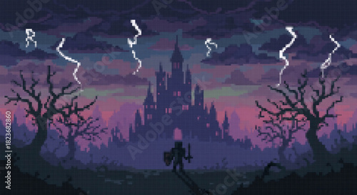 Pixel art silhouette of a knight facing a dark castle during a storm with lightning bolts and dead trees.