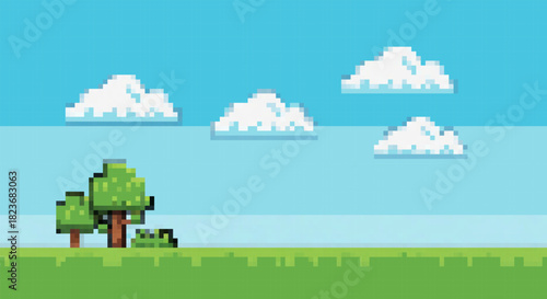 Pixel art game background with a green tree, bush, and fluffy clouds against a bright blue sky, ideal for retro platformers.