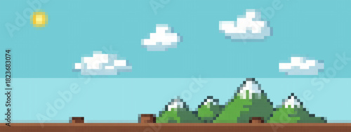 Pixel art scrolling game level background with green rolling hills, purple mountains, trees, and clouds in a bright blue sky.