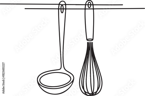 Continuous line art illustration of ladle, spatula, and whisk hanging on bar with handmade contour