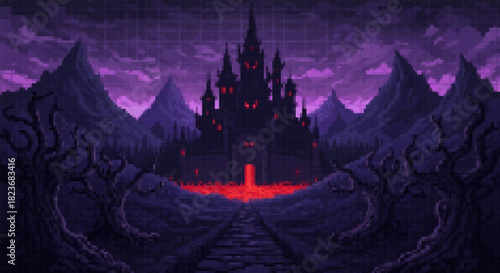 Pixel art dark fantasy castle surrounded by a river of red lava or blood, set against purple mountains and dead trees in a gothic style.