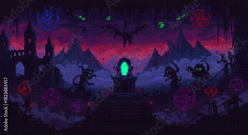 Pixel art occult ritual scene with silhouettes of cultists, a glowing green portal, magic circles, and a castle under a purple ominous sky.