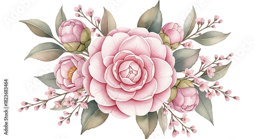 Delicate Pink Camellia Flower Arrangement with Green Leaves and Buds floral isolated on a transparent background