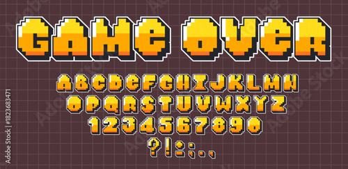 Retro pixel font set isolated on computer screen background. Vector cartoon illustration of geometric English ABC letters, numbers, punctuation signs, arcade game display, 8-bit text design elements