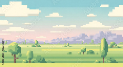Pixel art wide open green meadow with scattered trees and distant purple mountains under a soft cloudy sky.
