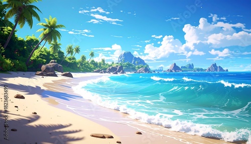 Fototapeta Naklejka Na Ścianę i Meble -  Animated tropical island scene with a bright blue sky, white clouds, and light-colored sand beach and turquoise waters