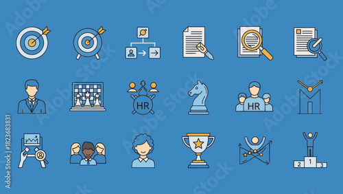 Collection of business and HR icons on blue background.
