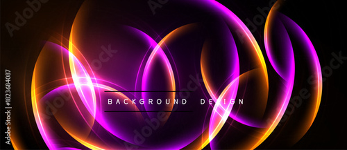 Abstract neon lights create flowing curves, vibrant purple, orange hues. Background design features dynamic energy, modern aesthetic.